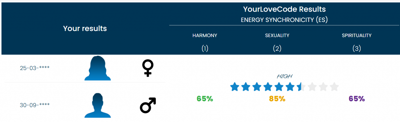 YourLoveCode Ergebnisse – 15-jährige Beziehung (Basis/Premium-Übersicht)