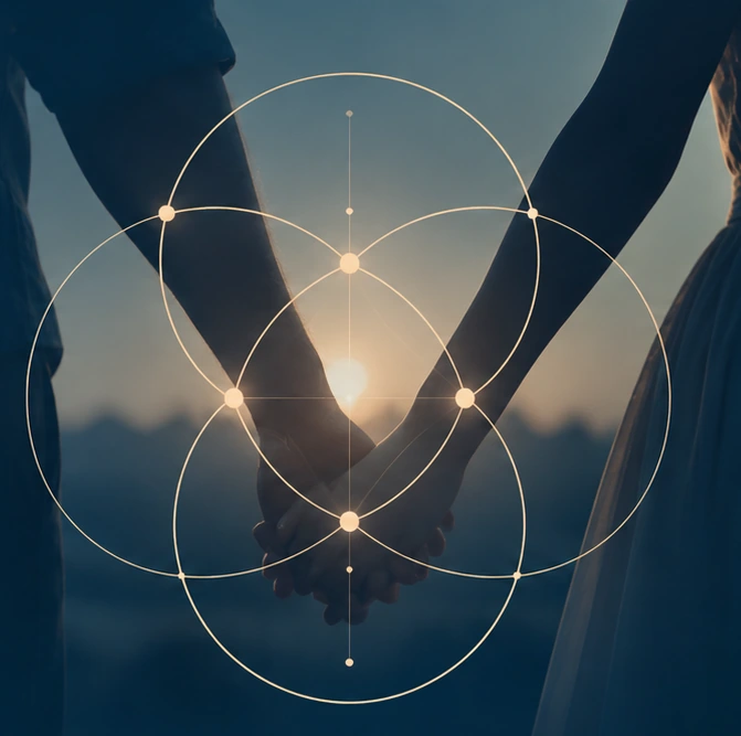 Zwei einander haltende Hände mit einer geometrischen Überlagerung als Illustration von Nähe und Ähnlichkeit.